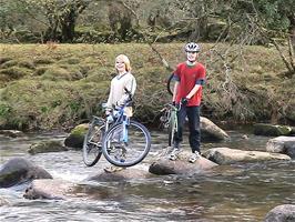 Louis and Joe crossing the Stepping Stones near Dartmeet